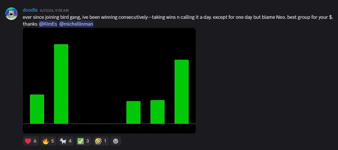Bird Gang Capital member result shared in Discord